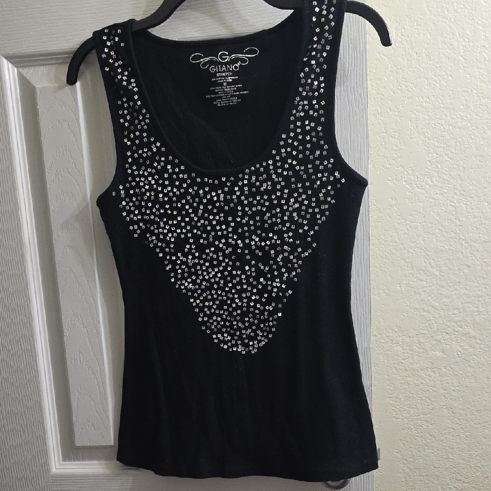 Gitano Black Rib Knit Tank Top with Metallic Accents Size M